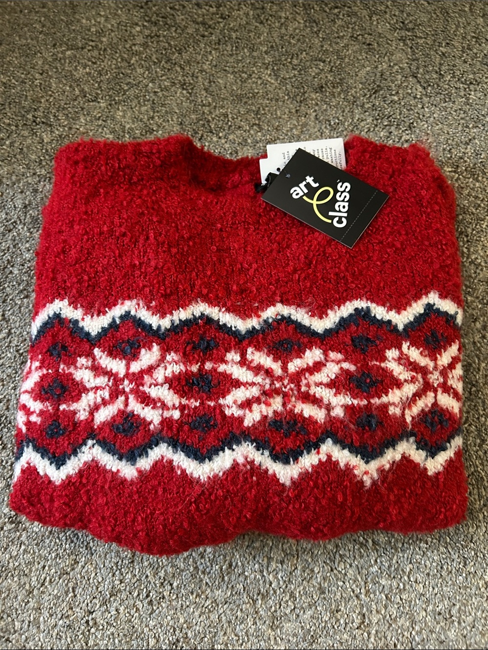 Art Class Red Nordic Fair Isle Crewneck Sweater with White and Navy Accents